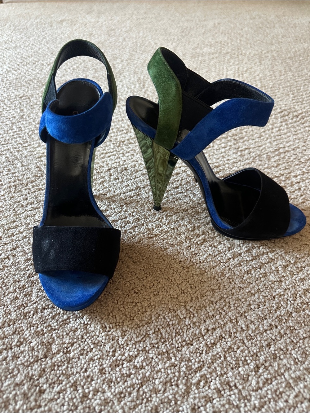 Gucci Black and Blue Velvet Ankle-Strap High Heels with Green Accent size 37